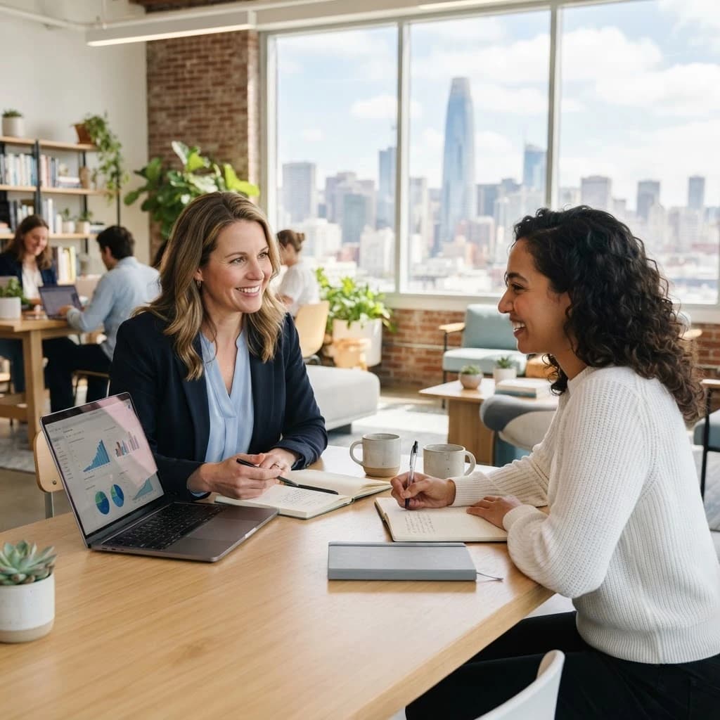 Two women having a coaching session at a table with a laptop and notebooks