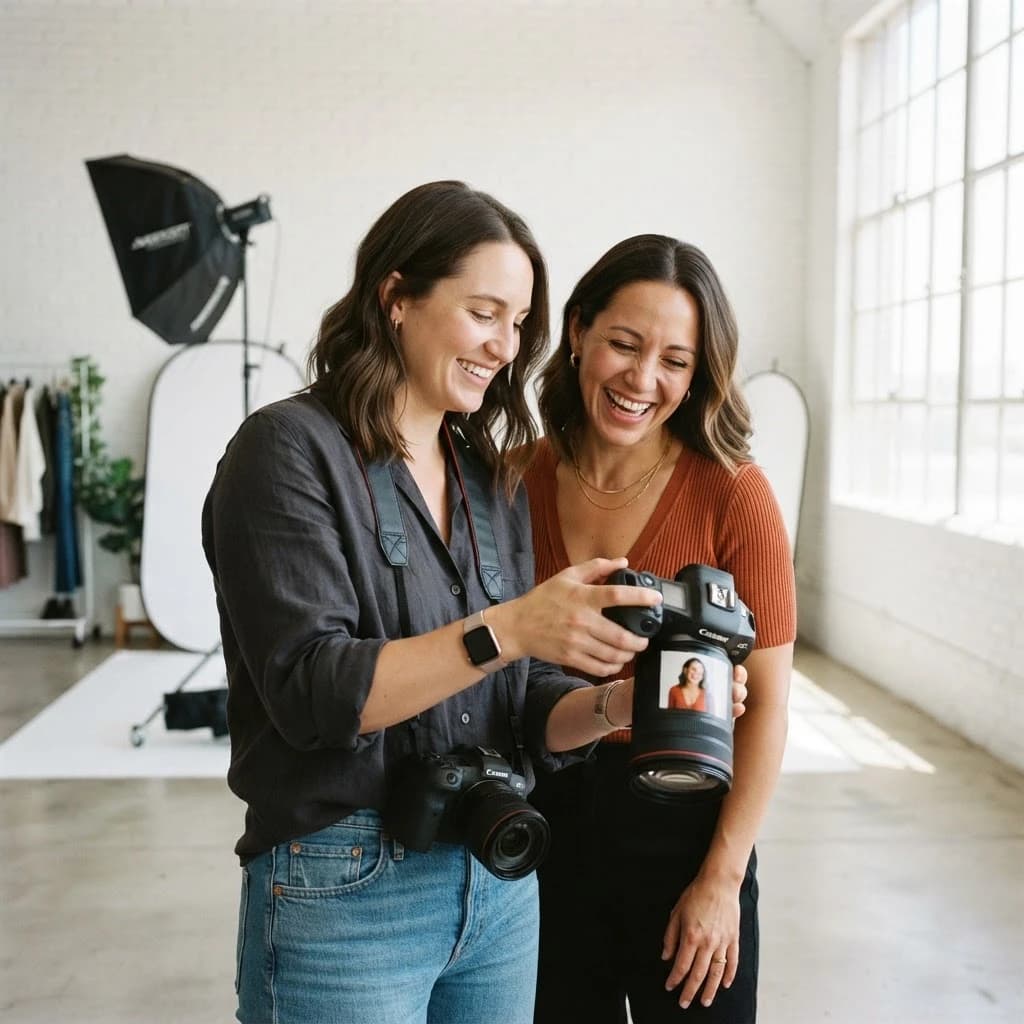 Two photographers laughing while looking at a camera screen in a bright studio